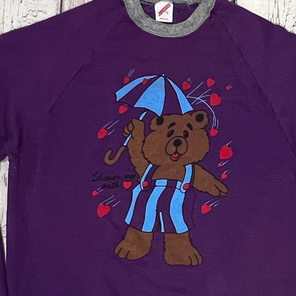 Vintage 80s Teddy Bear Shower me With Love 1980s Crewneck Pullover Sweatshirt - Picture 2 of 5
